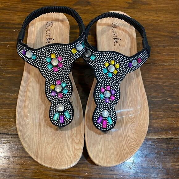 Just Be Rhinestones Sandals Woodgrain Sole Gladiator Elastic in Back Size 8 - Picture 1 of 8